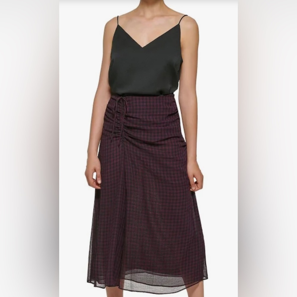 Calvin Klein purple/ blk checkered midi skirt with ruching and string ties